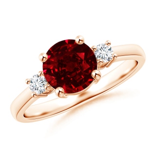 7mm AAAA Prong-Set Round 3 Stone Ruby and Diamond Ring in Rose Gold