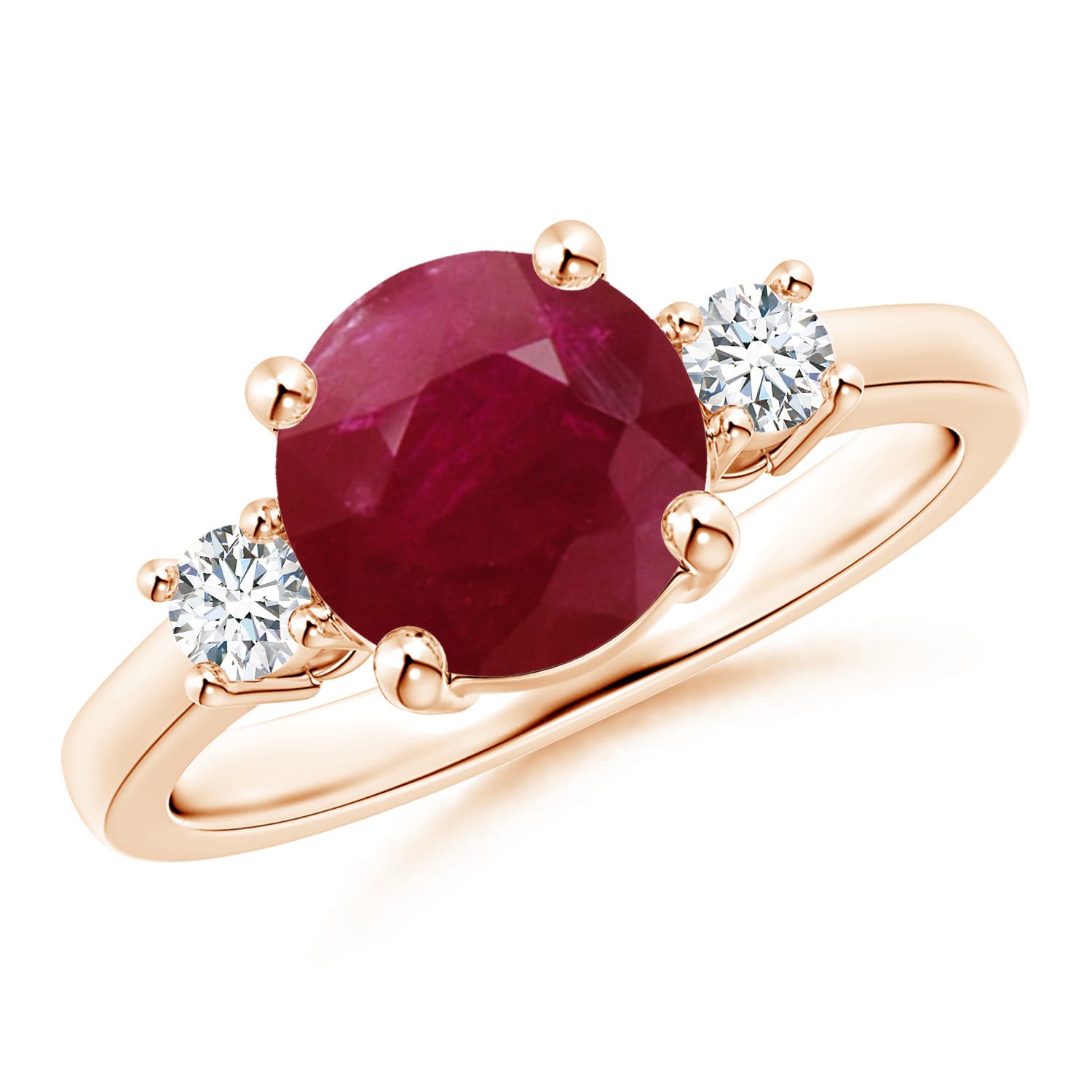 8mm A Prong-Set Round 3 Stone Ruby and Diamond Ring in 18CT Rose Gold