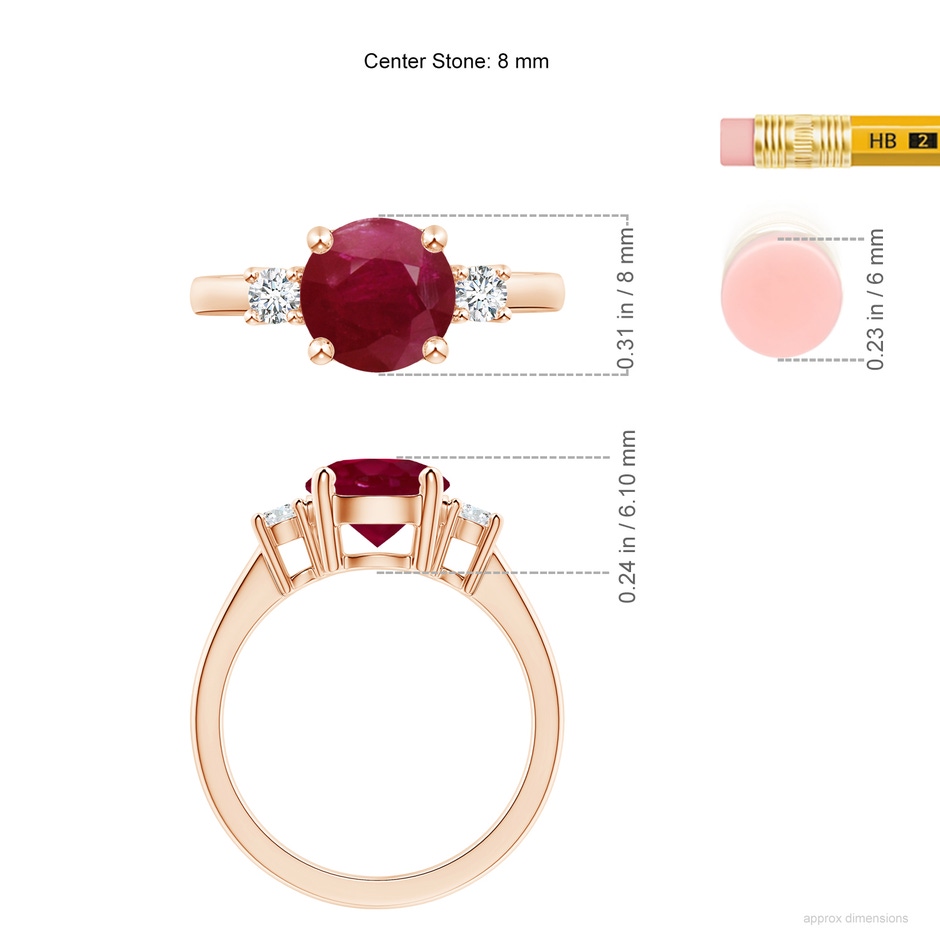 8mm A Prong-Set Round 3 Stone Ruby and Diamond Ring in Rose Gold ruler