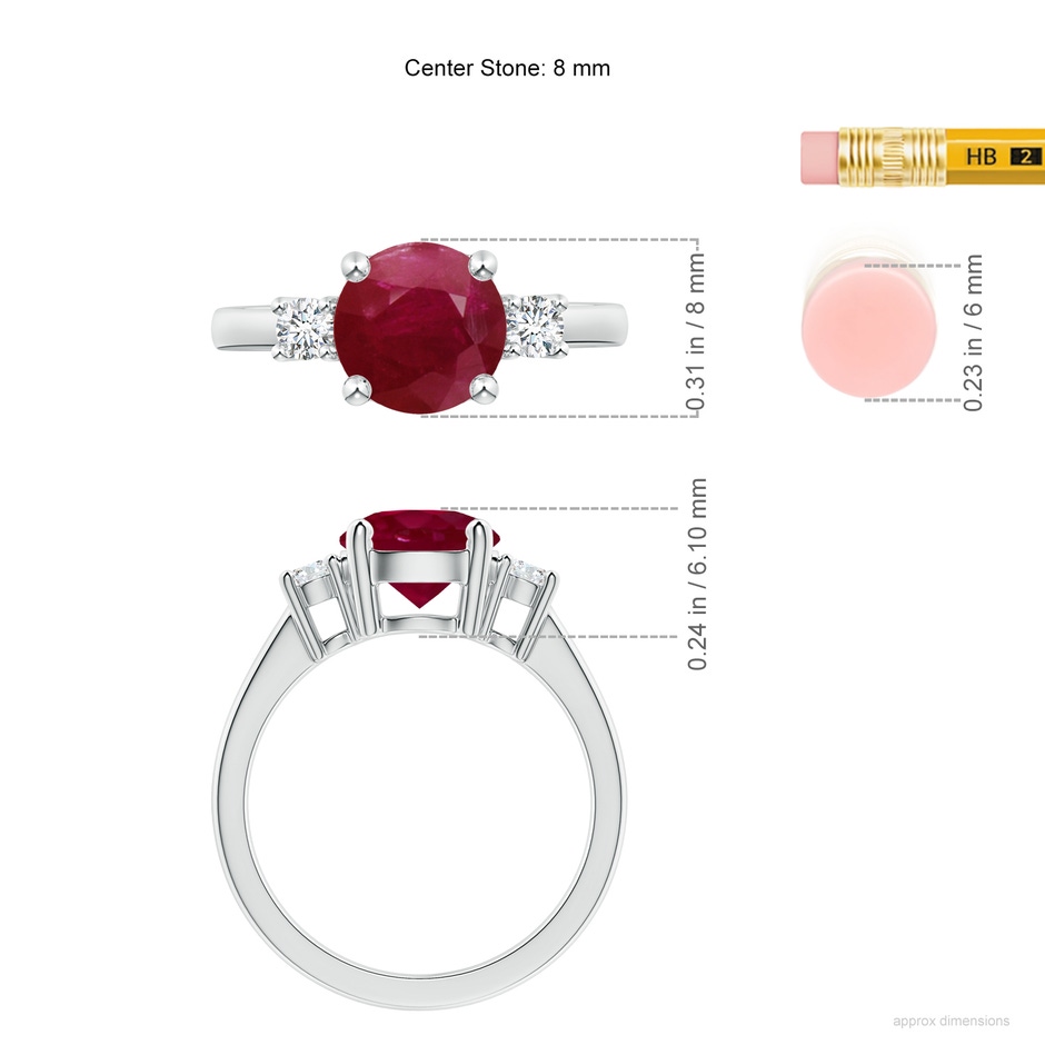 8mm A Prong-Set Round 3 Stone Ruby and Diamond Ring in White Gold ruler