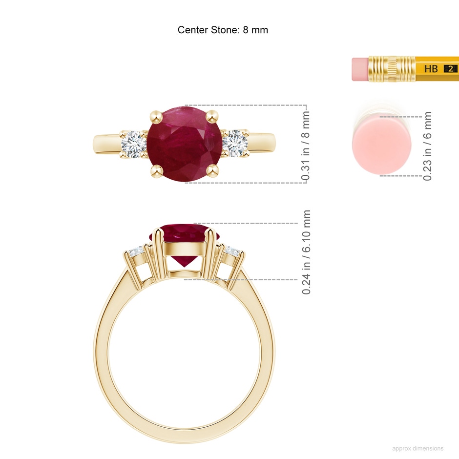 8mm A Prong-Set Round 3 Stone Ruby and Diamond Ring in Yellow Gold ruler
