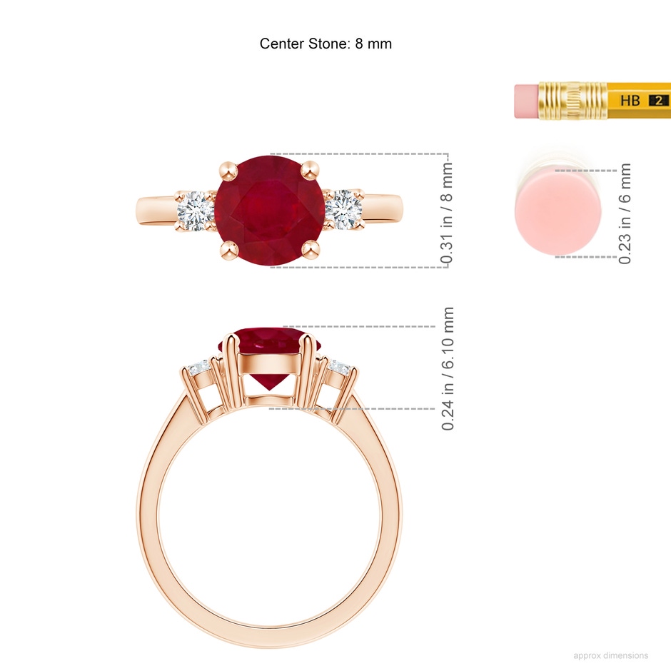 8mm AA Prong-Set Round 3 Stone Ruby and Diamond Ring in Rose Gold ruler