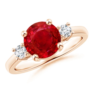 8mm AAA Prong-Set Round 3 Stone Ruby and Diamond Ring in 18K Rose Gold