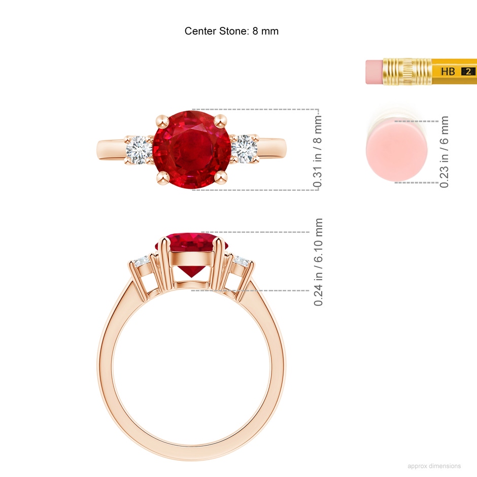 8mm AAA Prong-Set Round 3 Stone Ruby and Diamond Ring in Rose Gold ruler