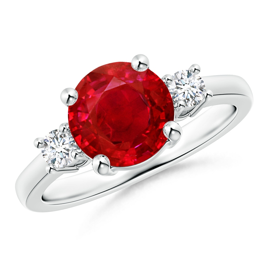 8mm AAA Prong-Set Round 3 Stone Ruby and Diamond Ring in White Gold