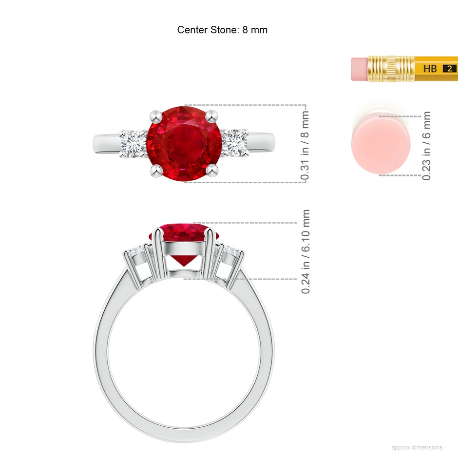 8mm AAA Prong-Set Round 3 Stone Ruby and Diamond Ring in White Gold ruler