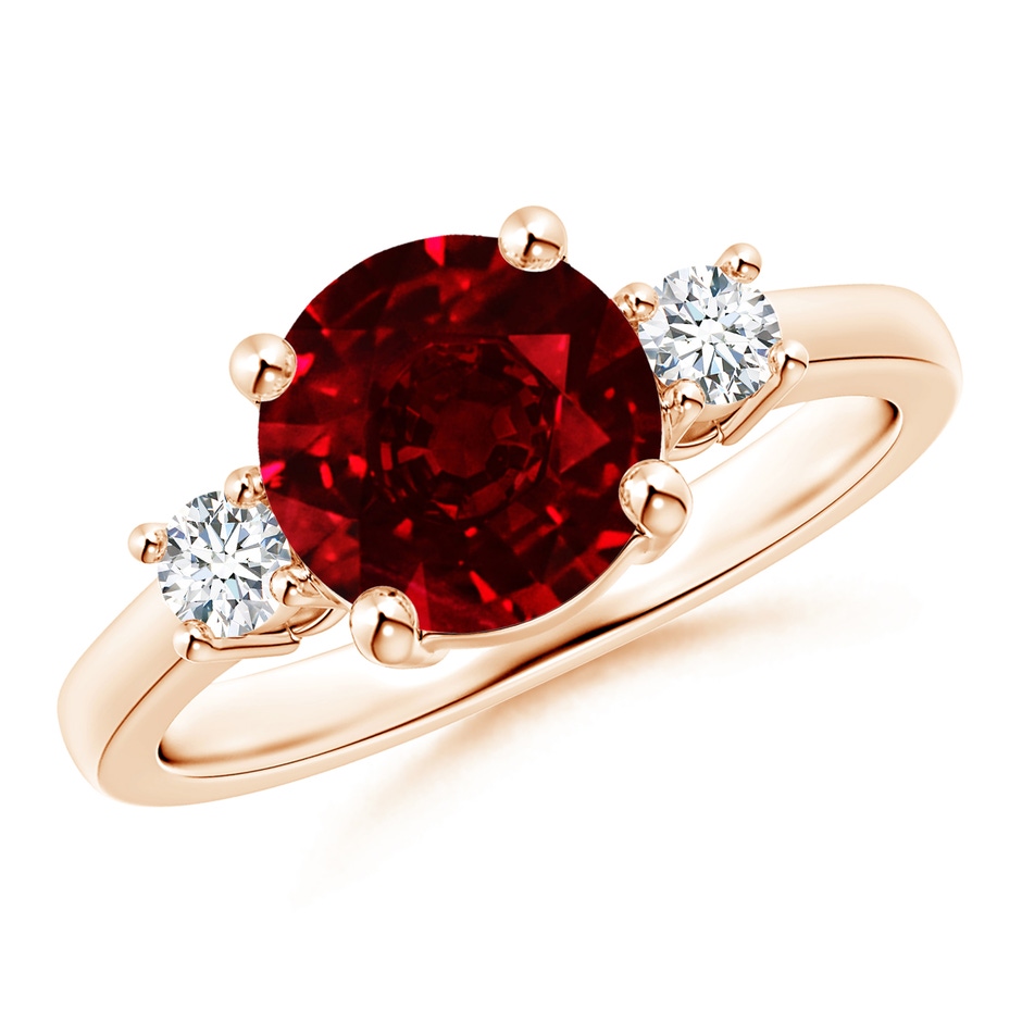 8mm AAAA Prong-Set Round 3 Stone Ruby and Diamond Ring in Rose Gold 