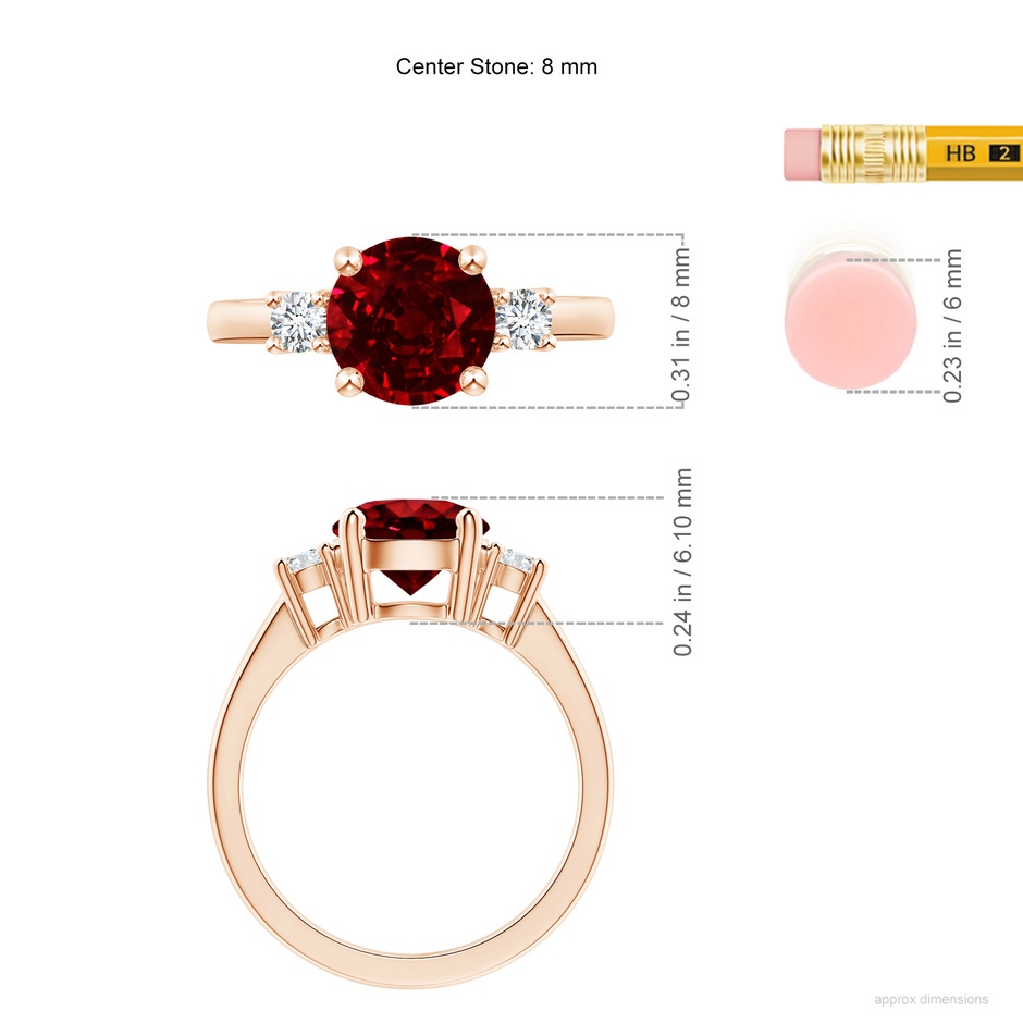 8mm AAAA Prong-Set Round 3 Stone Ruby and Diamond Ring in Rose Gold ruler