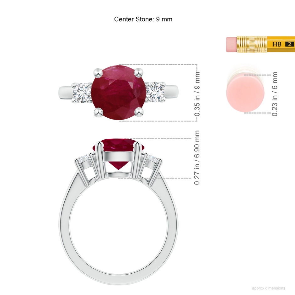 9mm A Prong-Set Round 3 Stone Ruby and Diamond Ring in White Gold ruler