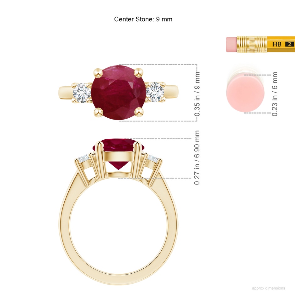 9mm A Prong-Set Round 3 Stone Ruby and Diamond Ring in Yellow Gold ruler