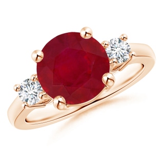 9mm AA Prong-Set Round 3 Stone Ruby and Diamond Ring in 18K Rose Gold