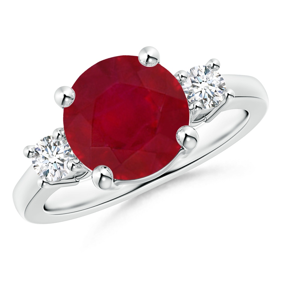 9mm AA Prong-Set Round 3 Stone Ruby and Diamond Ring in S999 Silver 