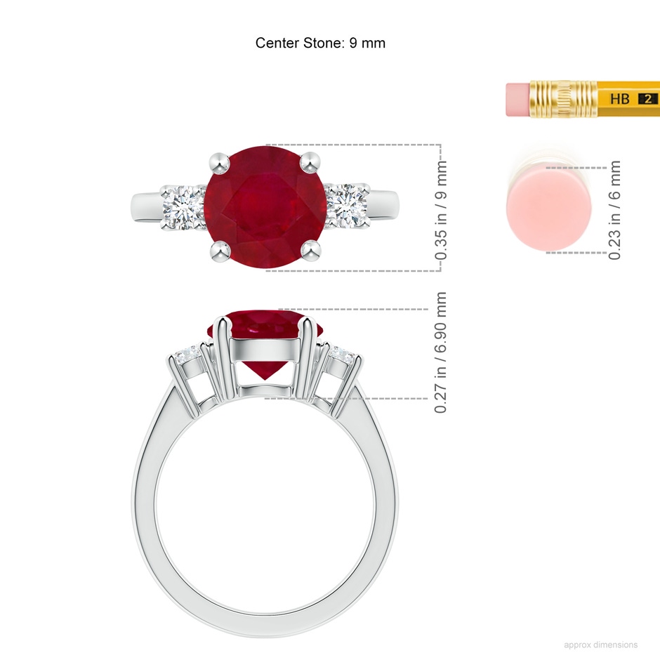 9mm AA Prong-Set Round 3 Stone Ruby and Diamond Ring in S999 Silver ruler