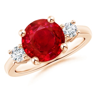 9mm AAA Prong-Set Round 3 Stone Ruby and Diamond Ring in 10K Rose Gold