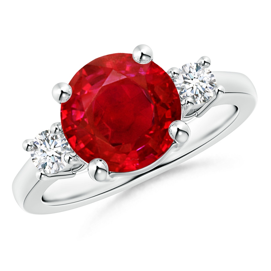 9mm AAA Prong-Set Round 3 Stone Ruby and Diamond Ring in S999 Silver 
