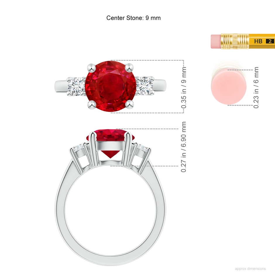 9mm AAA Prong-Set Round 3 Stone Ruby and Diamond Ring in S999 Silver ruler