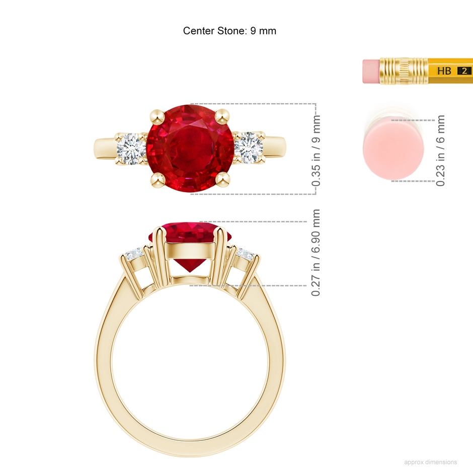 9mm AAA Prong-Set Round 3 Stone Ruby and Diamond Ring in Yellow Gold ruler