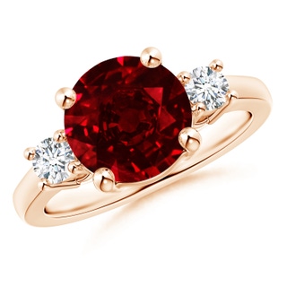 9mm AAAA Prong-Set Round 3 Stone Ruby and Diamond Ring in Rose Gold