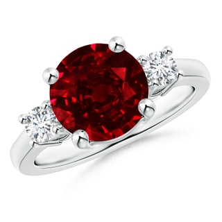9mm AAAA Prong-Set Round 3 Stone Ruby and Diamond Ring in S999 Silver