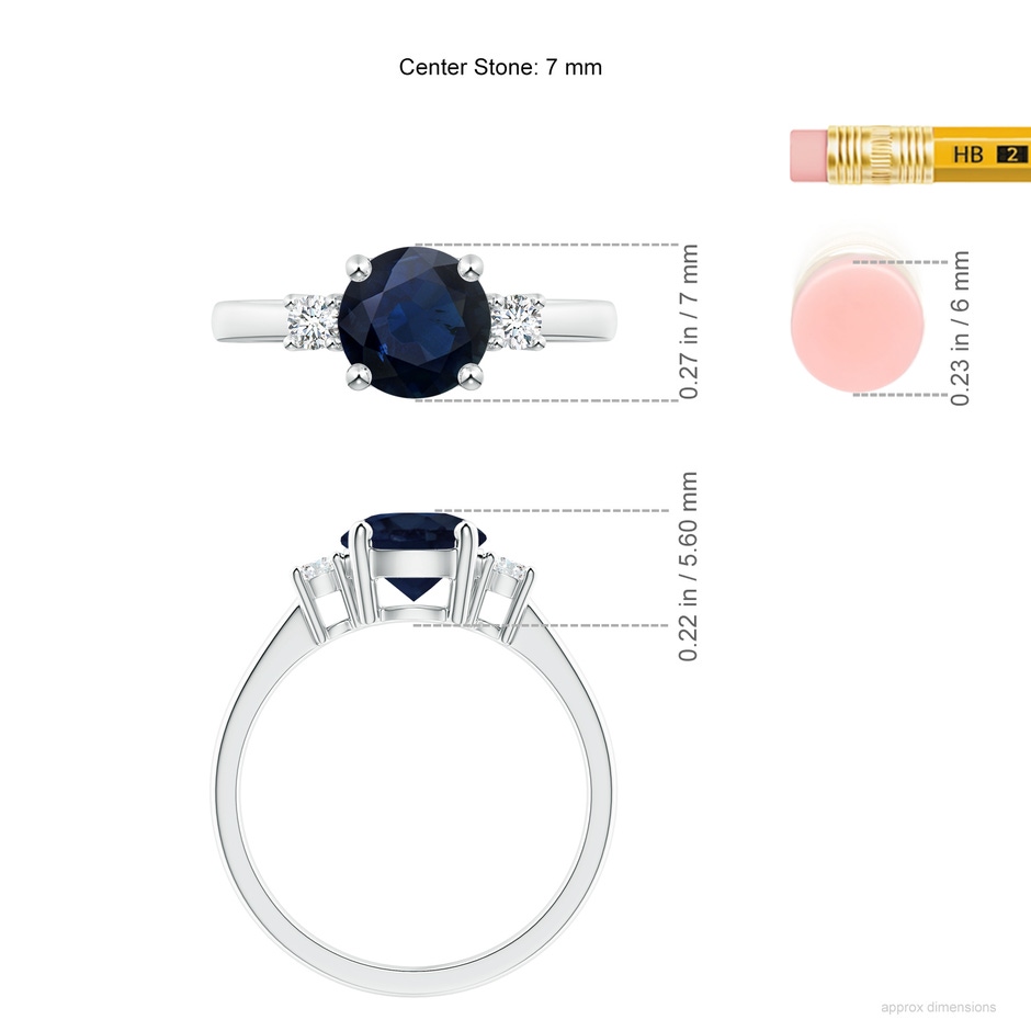 7mm A Prong-Set Round 3 Stone Blue Sapphire and Diamond Ring in White Gold ruler