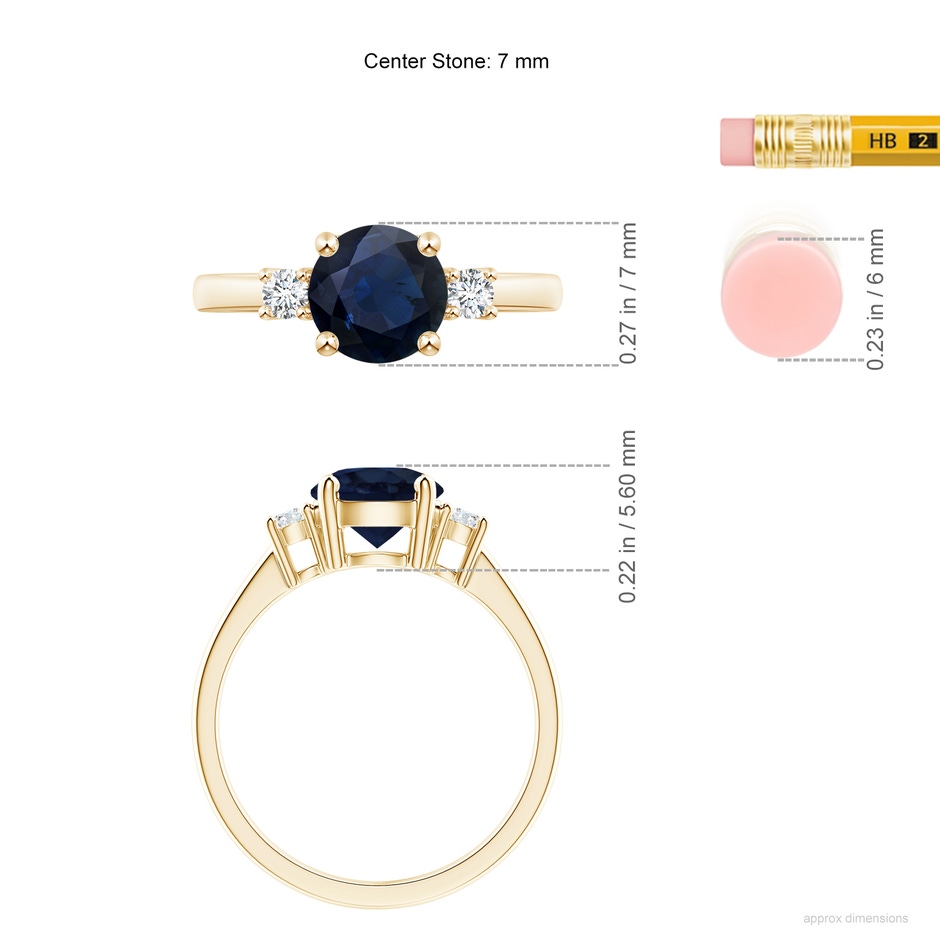 7mm A Prong-Set Round 3 Stone Blue Sapphire and Diamond Ring in Yellow Gold ruler