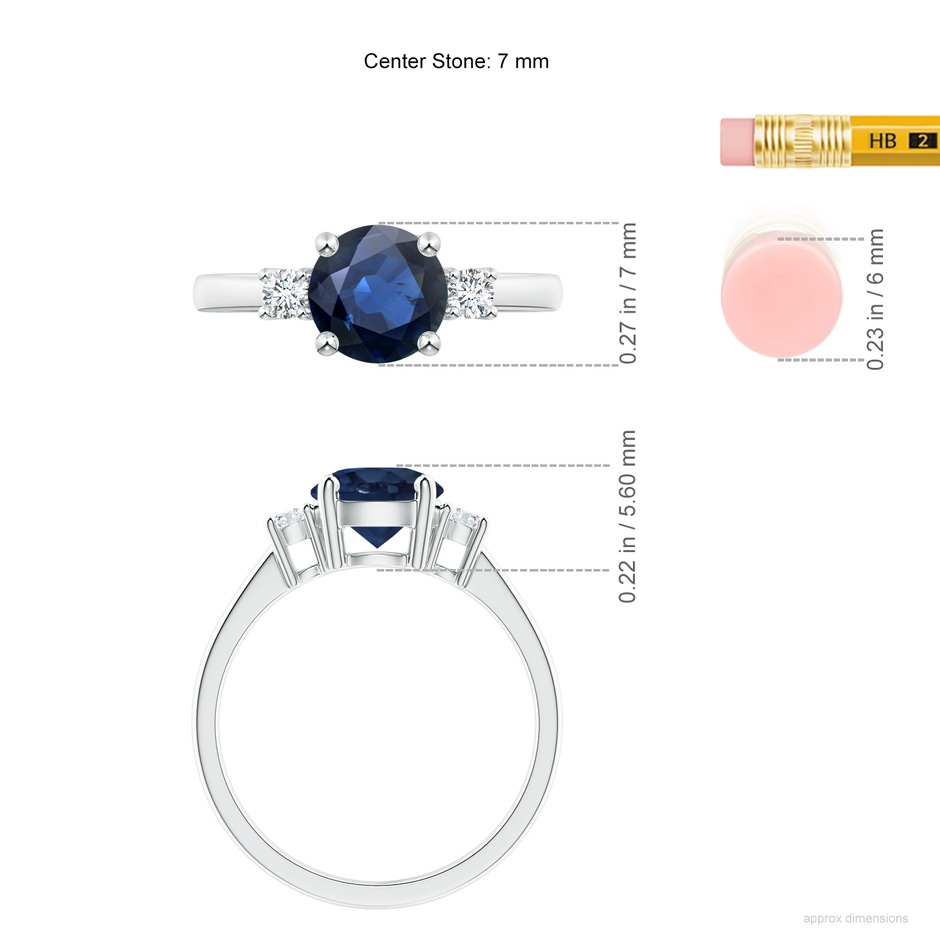 7mm AA Prong-Set Round 3 Stone Blue Sapphire and Diamond Ring in P950 Platinum ruler