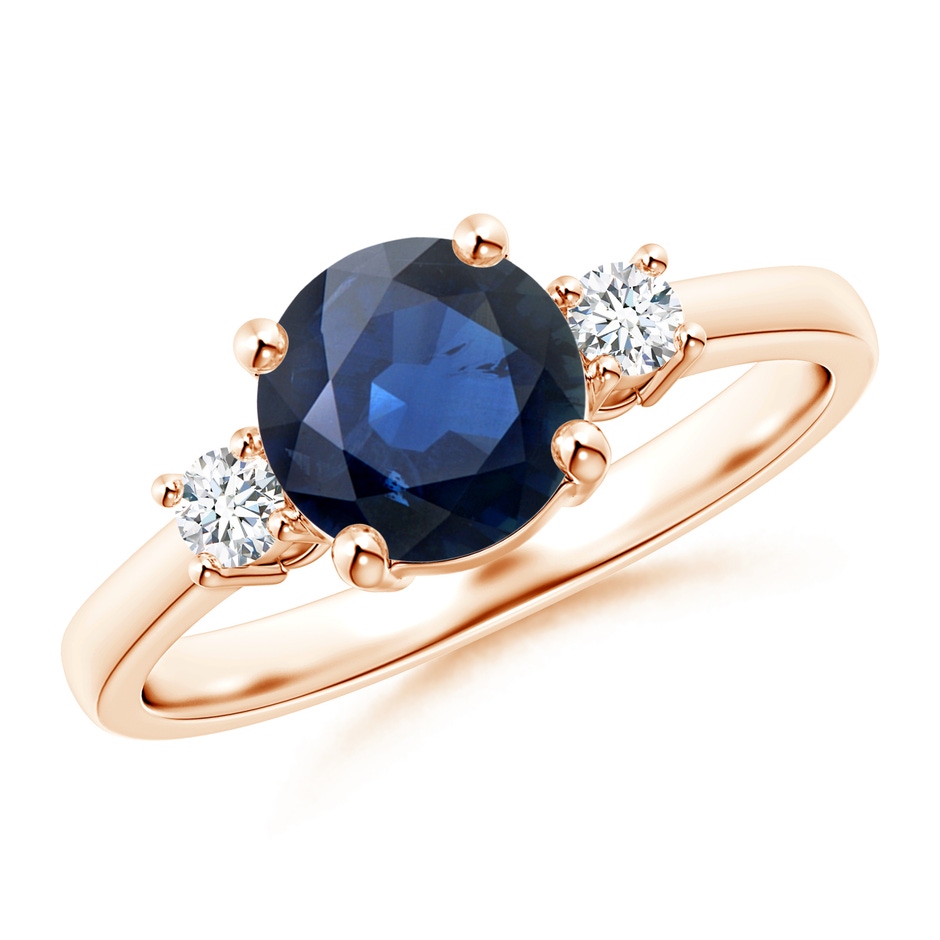 7mm AA Prong-Set Round 3 Stone Blue Sapphire and Diamond Ring in Rose Gold 