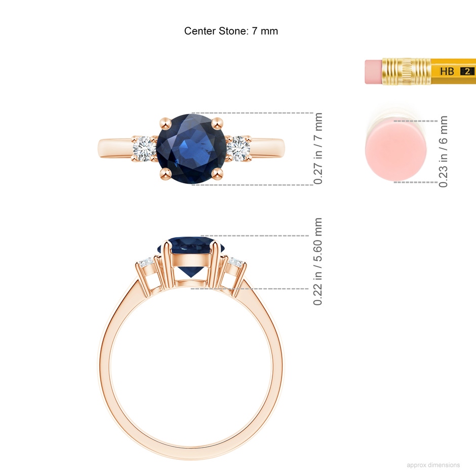 7mm AA Prong-Set Round 3 Stone Blue Sapphire and Diamond Ring in Rose Gold ruler