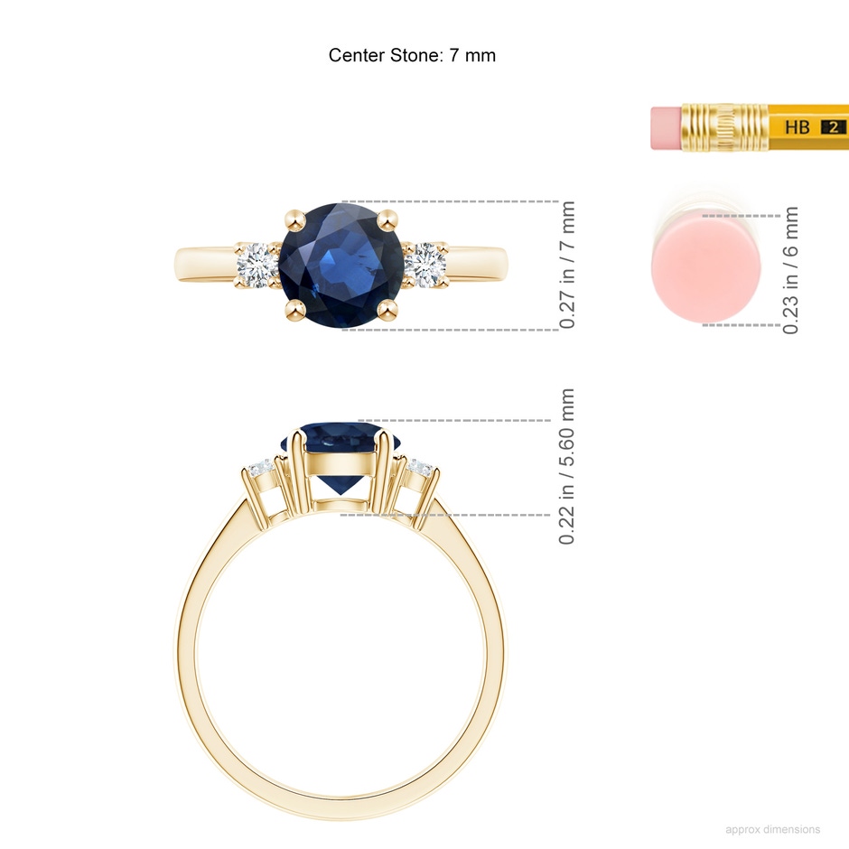 7mm AA Prong-Set Round 3 Stone Blue Sapphire and Diamond Ring in Yellow Gold ruler
