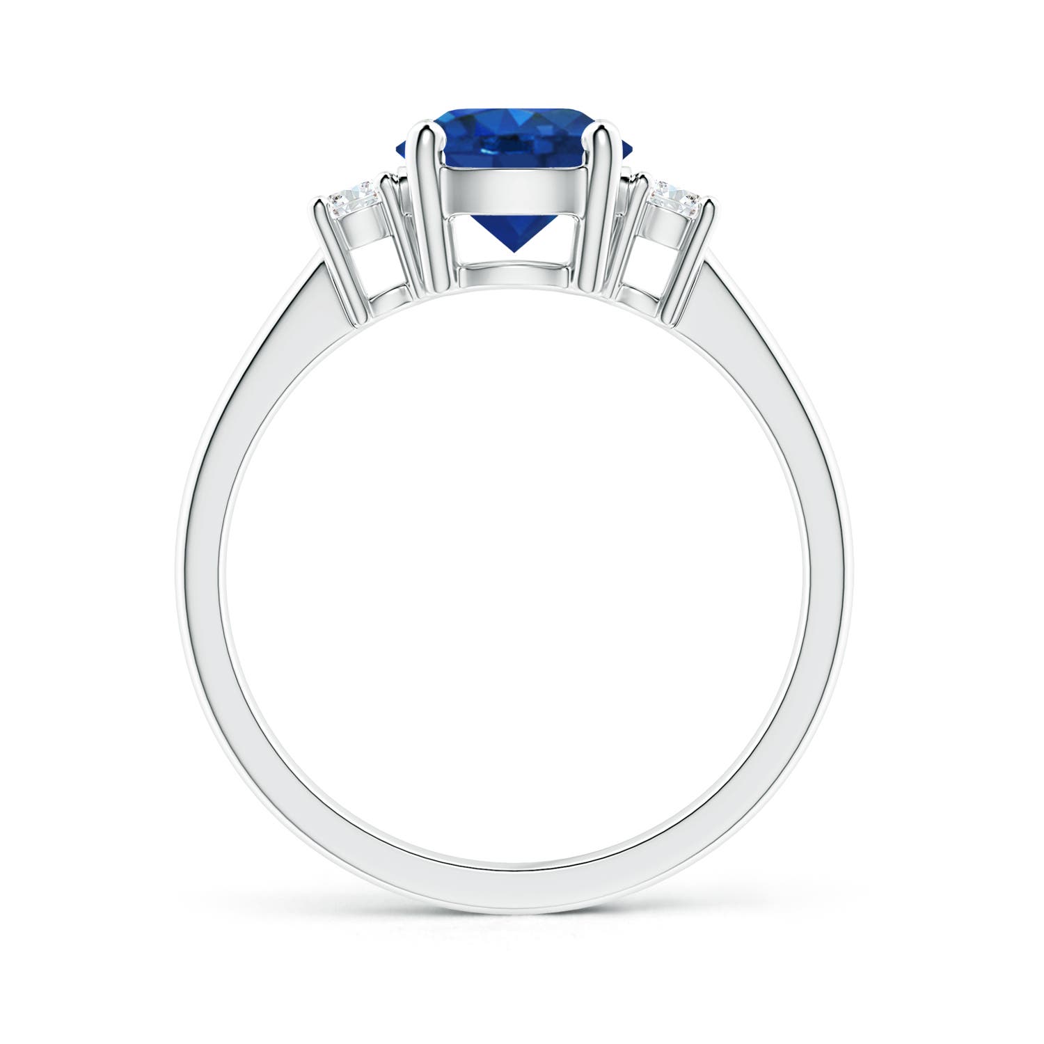 7mm AAA Prong-Set Round 3 Stone Blue Sapphire and Diamond Ring in 18K White Gold