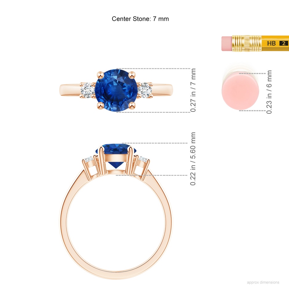 7mm AAA Prong-Set Round 3 Stone Blue Sapphire and Diamond Ring in Rose Gold ruler