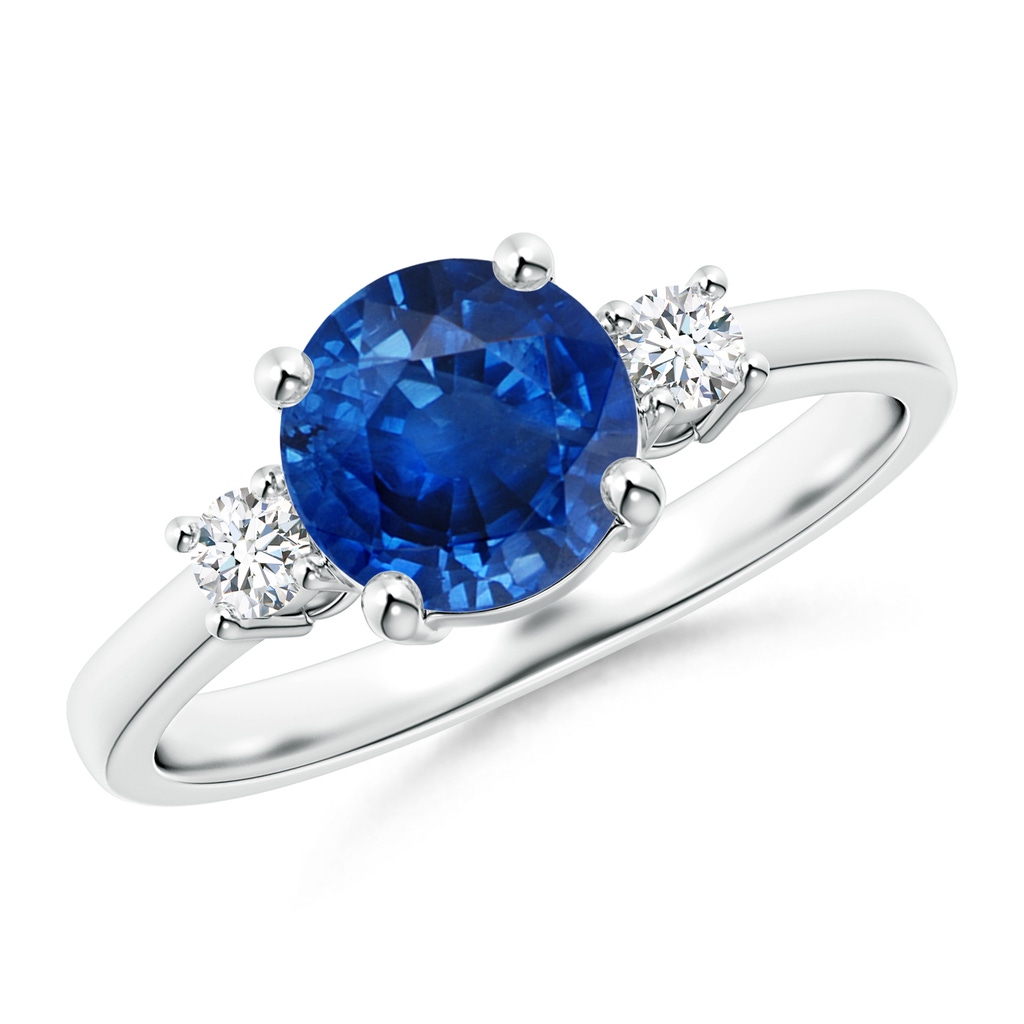 7mm AAA Prong-Set Round 3 Stone Blue Sapphire and Diamond Ring in White Gold