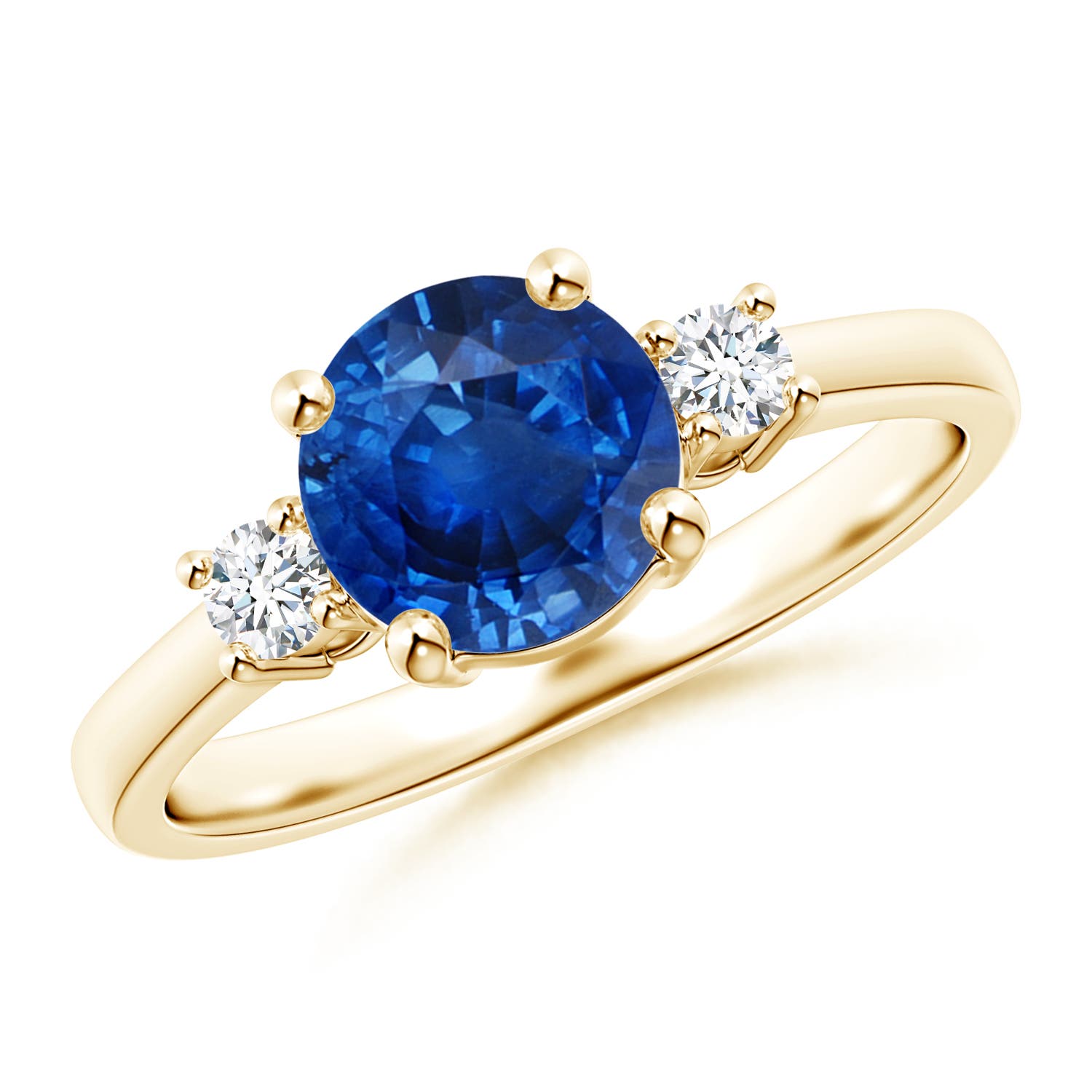 7mm AAA Prong-Set Round 3 Stone Blue Sapphire and Diamond Ring in Yellow Gold