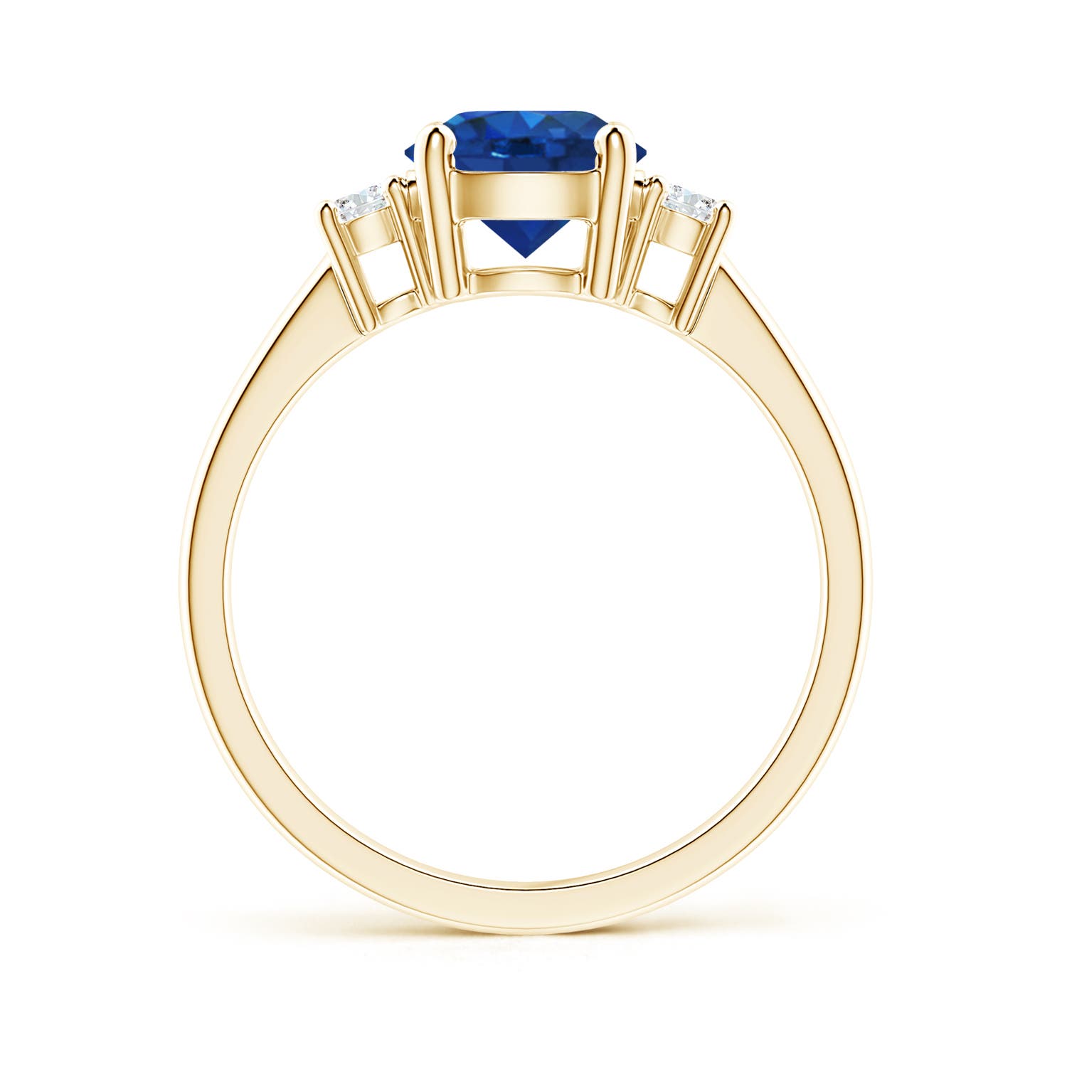 7mm AAA Prong-Set Round 3 Stone Blue Sapphire and Diamond Ring in Yellow Gold