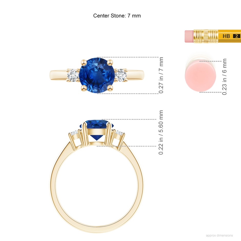 7mm AAA Prong-Set Round 3 Stone Blue Sapphire and Diamond Ring in Yellow Gold ruler