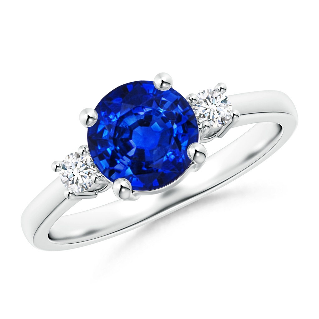 7mm AAAA Prong-Set Round 3 Stone Blue Sapphire and Diamond Ring in S999 Silver