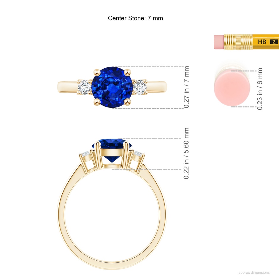 7mm Lab-Grown Prong-Set Round 3 Stone Blue Sapphire and Diamond Ring in Yellow Gold ruler