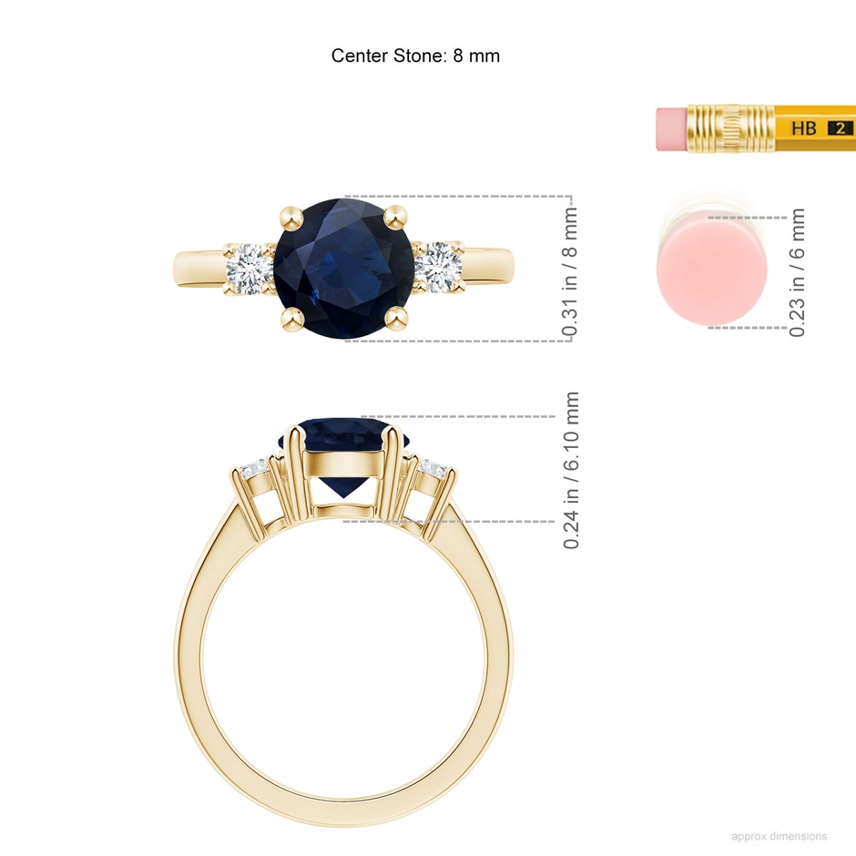 8mm A Prong-Set Round 3 Stone Blue Sapphire and Diamond Ring in 18K Yellow Gold ruler