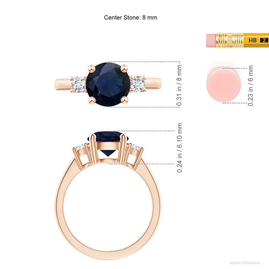 8mm A Prong-Set Round 3 Stone Blue Sapphire and Diamond Ring in Rose Gold ruler