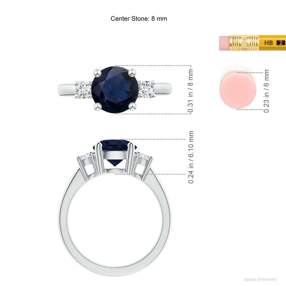 8mm A Prong-Set Round 3 Stone Blue Sapphire and Diamond Ring in White Gold ruler