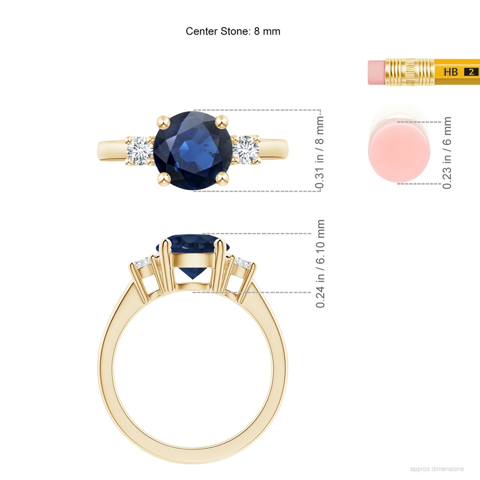 8mm AA Prong-Set Round 3 Stone Blue Sapphire and Diamond Ring in Yellow Gold ruler