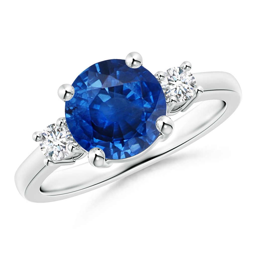 8mm AAA Prong-Set Round 3 Stone Blue Sapphire and Diamond Ring in White Gold
