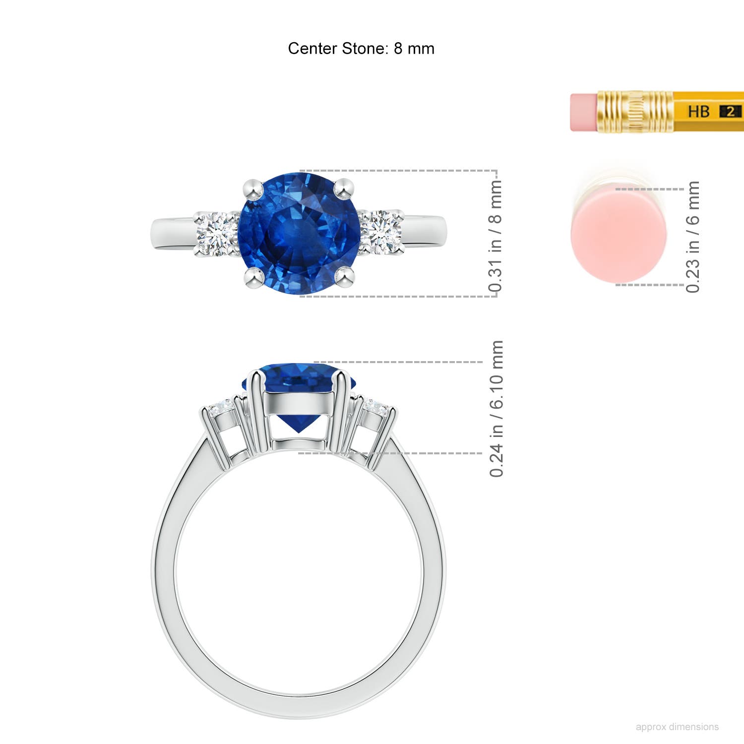 8mm AAA Prong-Set Round 3 Stone Blue Sapphire and Diamond Ring in White Gold - ruler