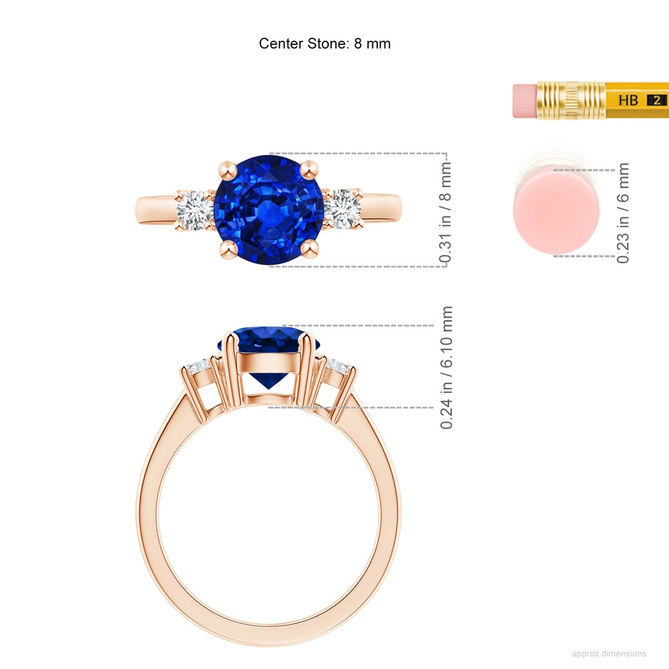 8mm AAAA Prong-Set Round 3 Stone Blue Sapphire and Diamond Ring in Rose Gold ruler