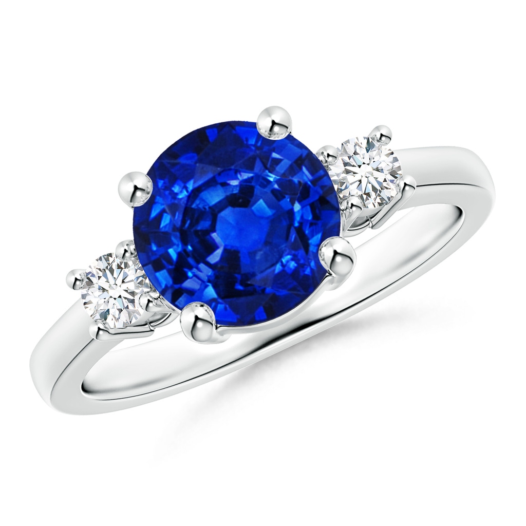 8mm Lab-Grown Prong-Set Round 3 Stone Blue Sapphire and Diamond Ring in White Gold