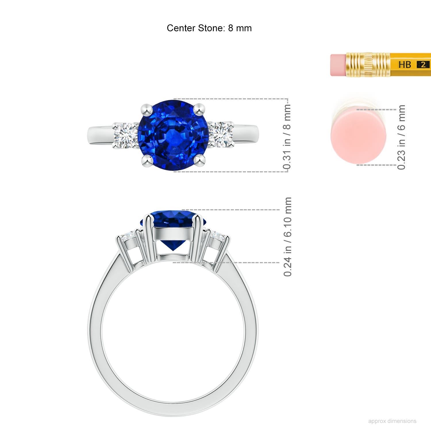 8mm AAAA Prong-Set Round 3 Stone Blue Sapphire and Diamond Ring in White Gold - ruler