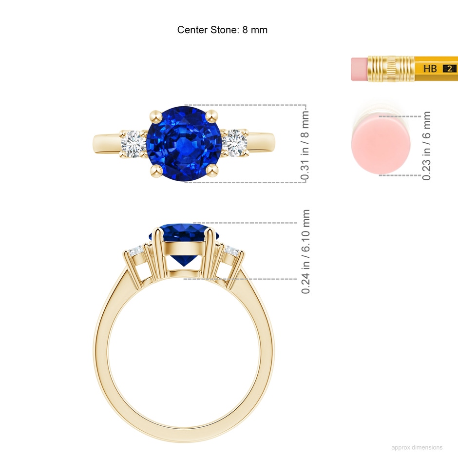 8mm Lab-Grown Prong-Set Round 3 Stone Blue Sapphire and Diamond Ring in Yellow Gold ruler