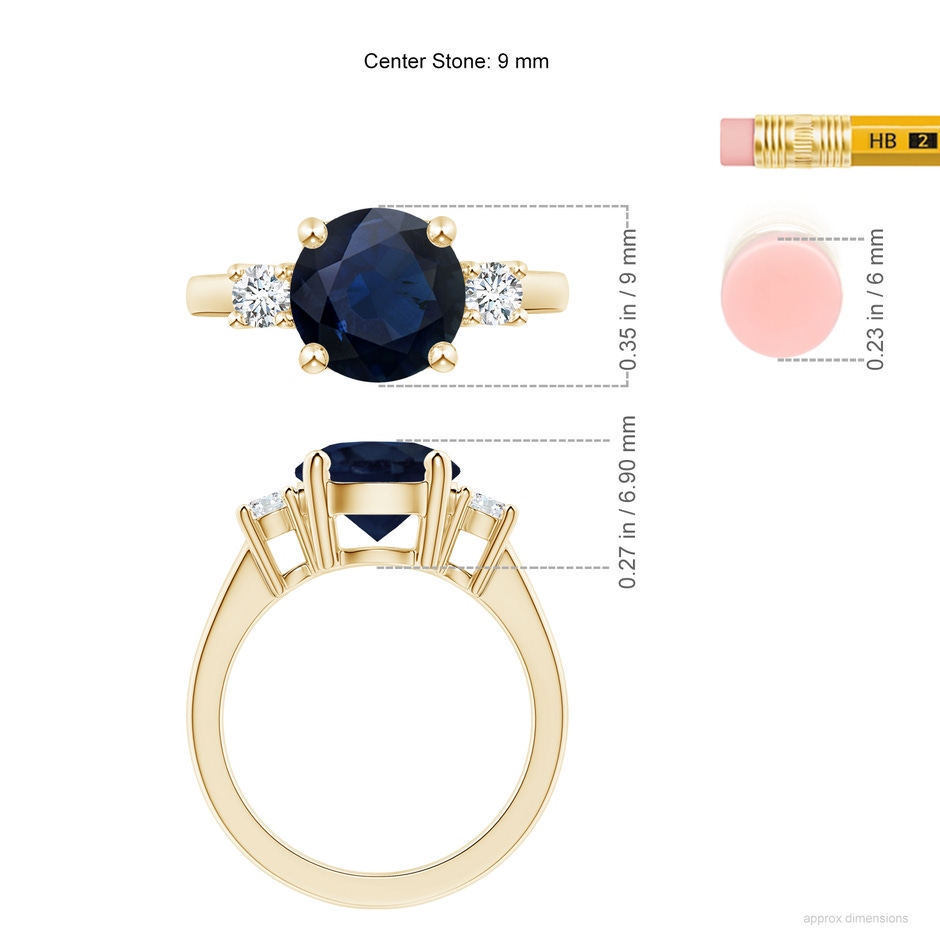 9mm A Prong-Set Round 3 Stone Blue Sapphire and Diamond Ring in 18K Yellow Gold ruler