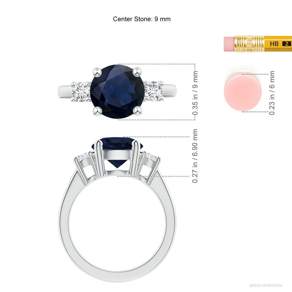 9mm A Prong-Set Round 3 Stone Blue Sapphire and Diamond Ring in P950 Platinum ruler