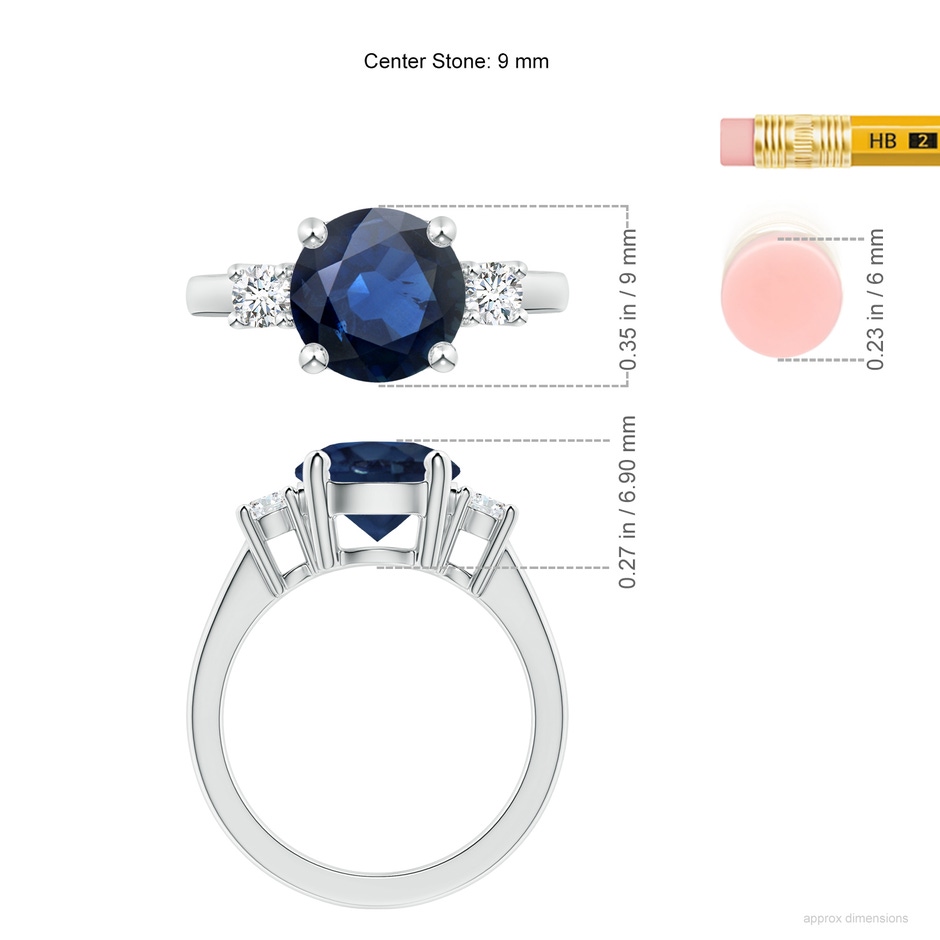 9mm AA Prong-Set Round 3 Stone Blue Sapphire and Diamond Ring in P950 Platinum ruler